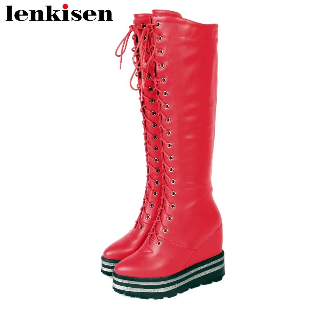 

2018 new arrival round toe super high thick bottom platform cross-tied knight boots pu zipper rock style motorcycle boots L70