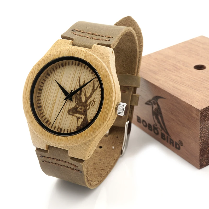 BOBO BIRD Elk Head Natural Wooden Watches With Genuine Cowhide Leather Lovers Luxury Wristwatch Mens Wood Watch as Gifts C-F29