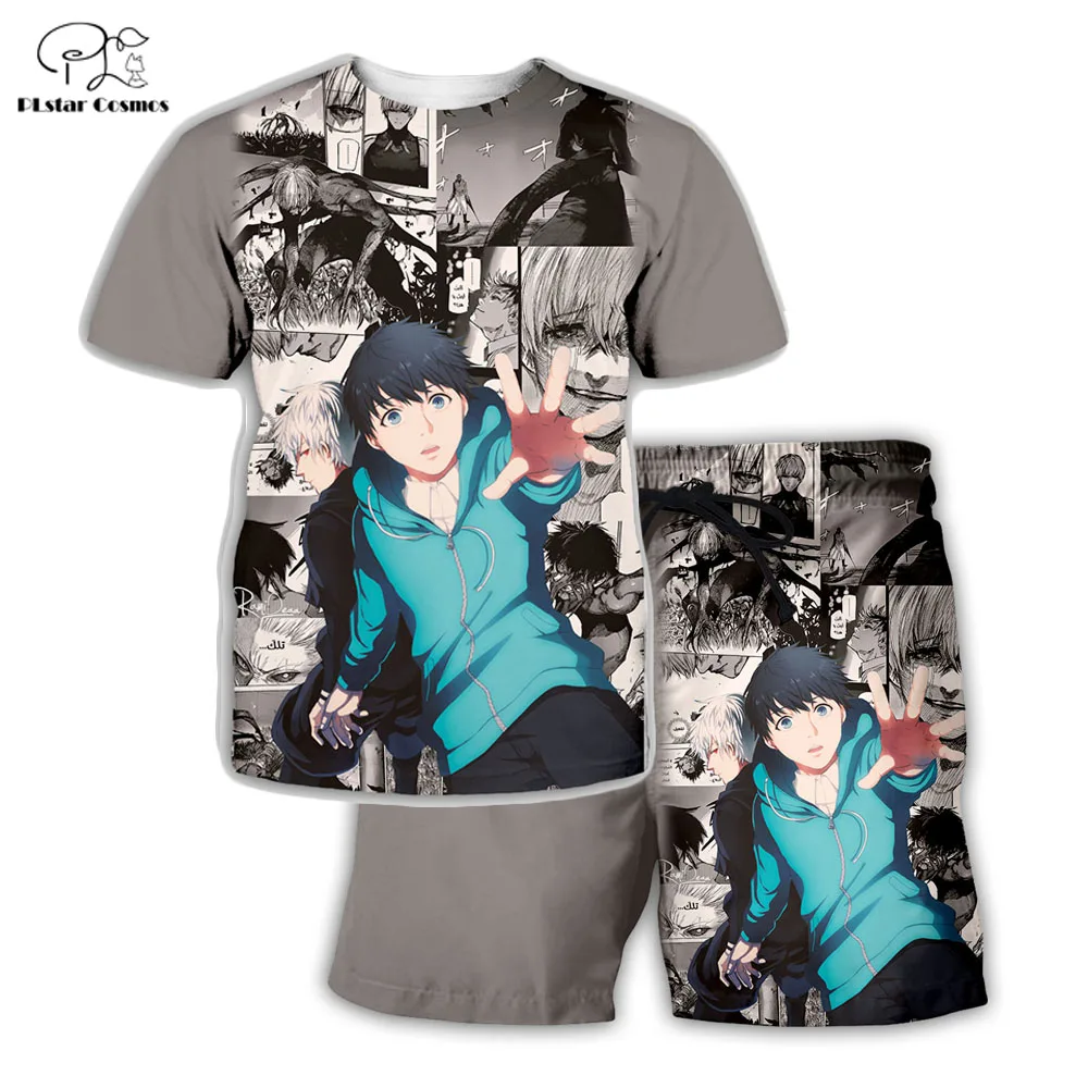 

PLstar Cosmos Summer T Shirts Men Anime Comic Printed Tokyo Ghoul 3D T-Shirt and shorts Mens for boy Tokyo Ghoul Suit TG-04