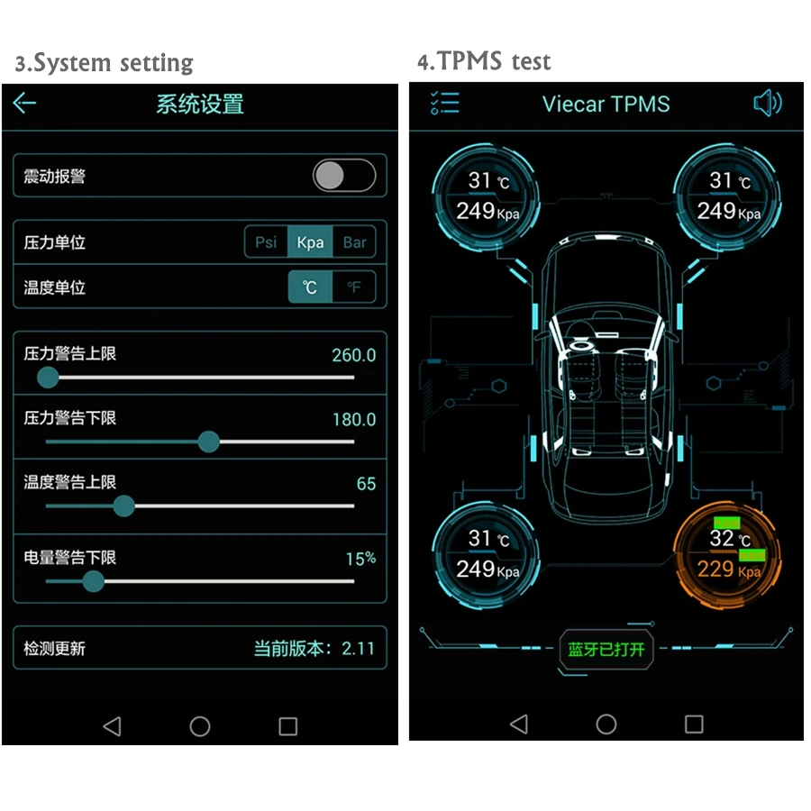 New TPMS Bluetooth 5.0 Tire Pressure Monitor System 4 Internal/External Sensor Works Android/iOS Mobile Phone APP Display car alarms for sale