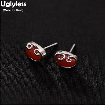 

Uglyless 100% Real 925 Sterling Silver Abstract Heart Studs Earrings for Women Ethnic MINI Earrings Natural Agate Fine Jewelry