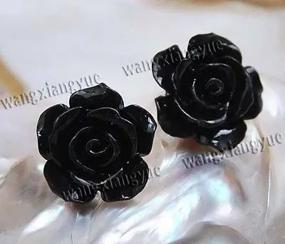 

Free Shipping >> 15mm Black Japan Sea Coral Carved Flower Earrings Silver Stud AAA