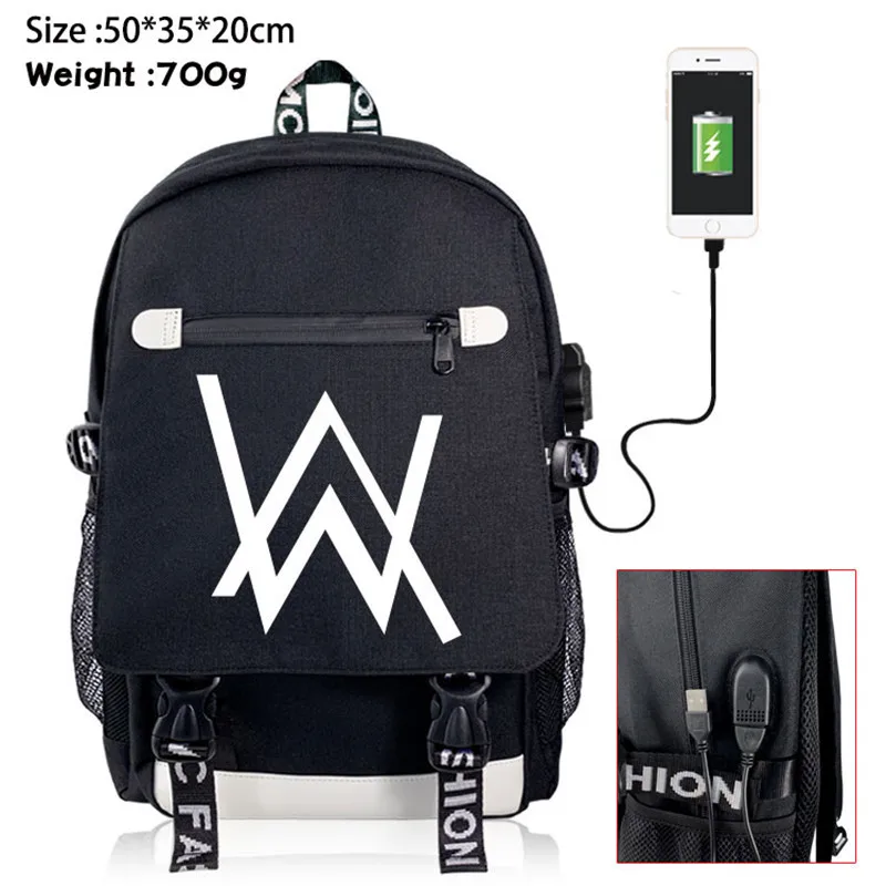 

Alan Walker Backpack Knapsack Rucksack Travel School Bag Rucksack Boys Girls Book Bag Day Pack With USB Port Black Front Zipper
