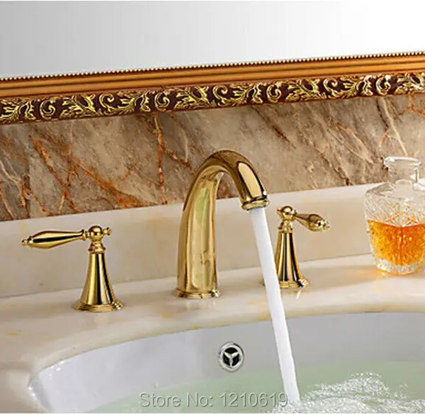 

US Free Shipping Wholesale And Retail Modern Luxury Golden Polish Bathroom Basin Sink Faucet Mixer Tap Dual Handles Deck Mounted