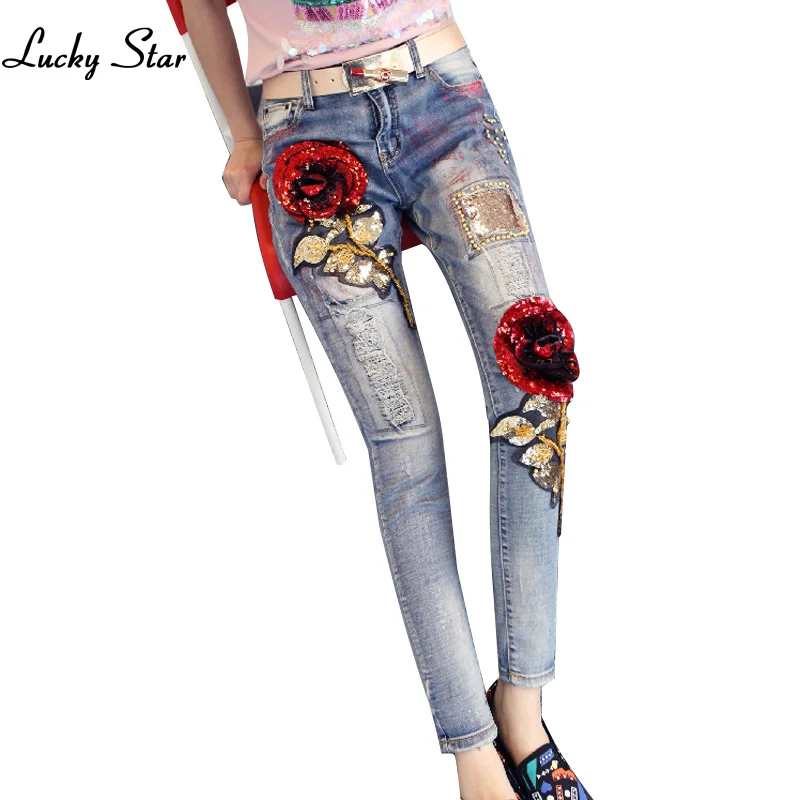 3d Rosa Lentejuelas Vaqueros Slim Jeans Dama Pantalones Elasticos
