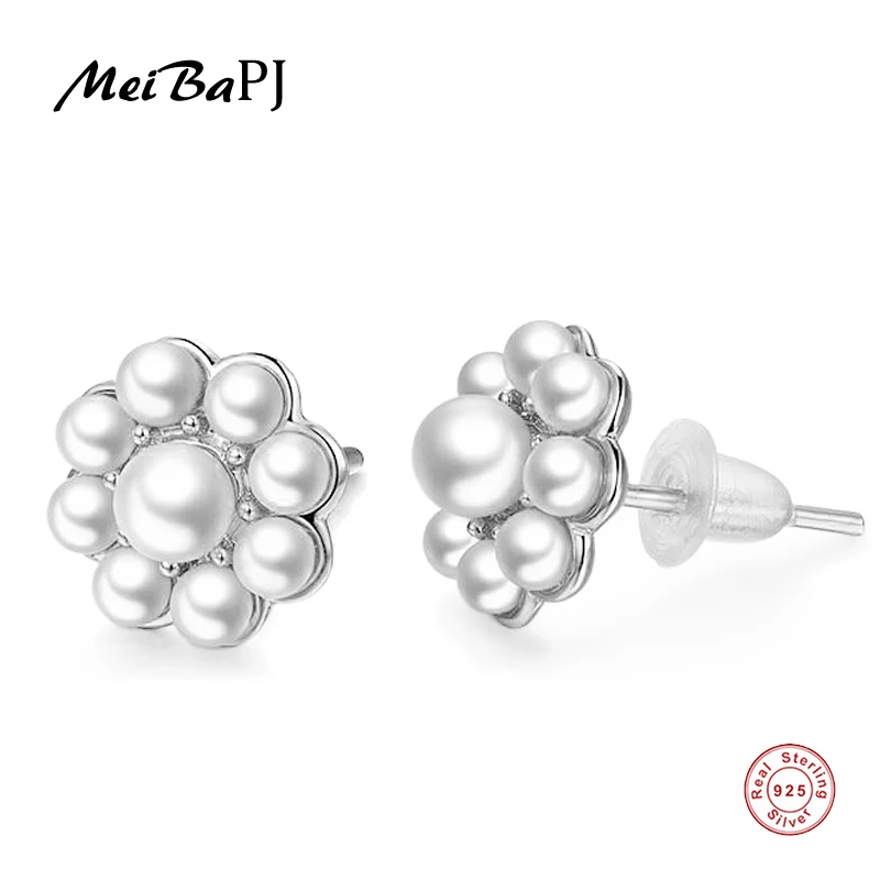

[MeiBaPJ] Elegant Women Pure S925 Sterling Silver Earrings Real Natural Round Pearl Sun Flower Stud Earrings Fine Jewelry
