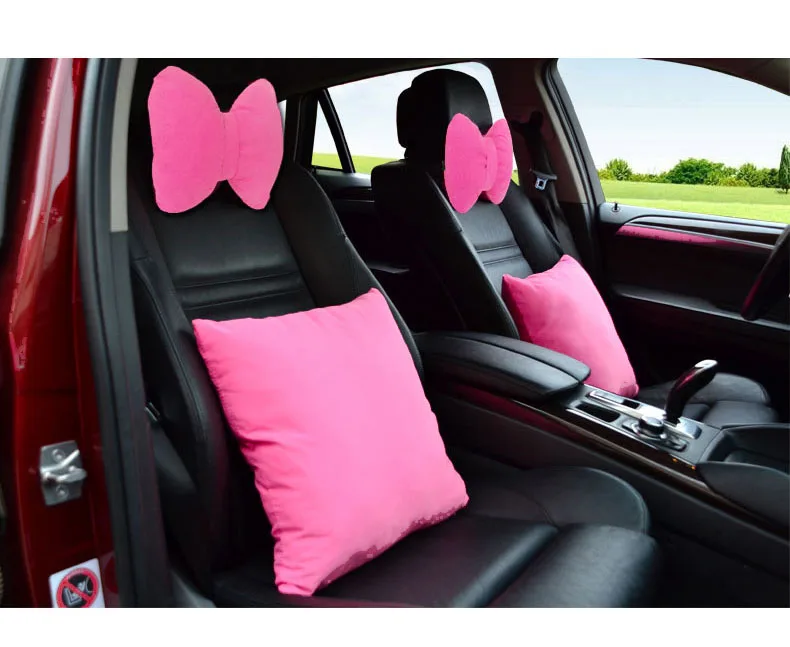 Симпатичная подушка для подголовника автомобиля с бантиком, Бархатная подушка для шеи, подушка для шеи, однотонная, чистая, розовая, для безопасности, для девочек и женщин