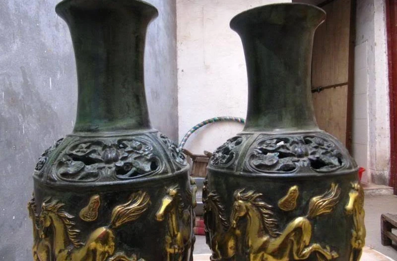 

13 Chinese Folk old Bronze Copper running Fly Eight Steed Horse Pot Vase Pair