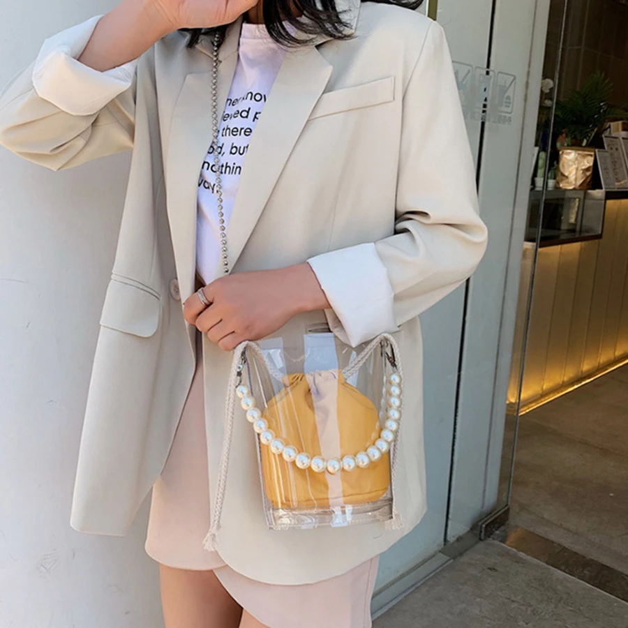 

Transparent Bucket Composite Bag For Ladies Vintage Pearl Handle Shoulder Bag Female New High Quality Pu Leather Crossbody Bags