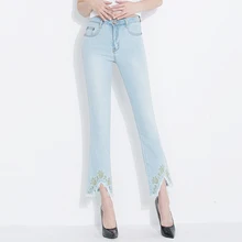 Новые брендовые Эластичные Обтягивающие Брюки женские милые джинсы с вышивкой с высокой талией женские Модные расклешенные брюки с бахромой светильник синего размера плюс