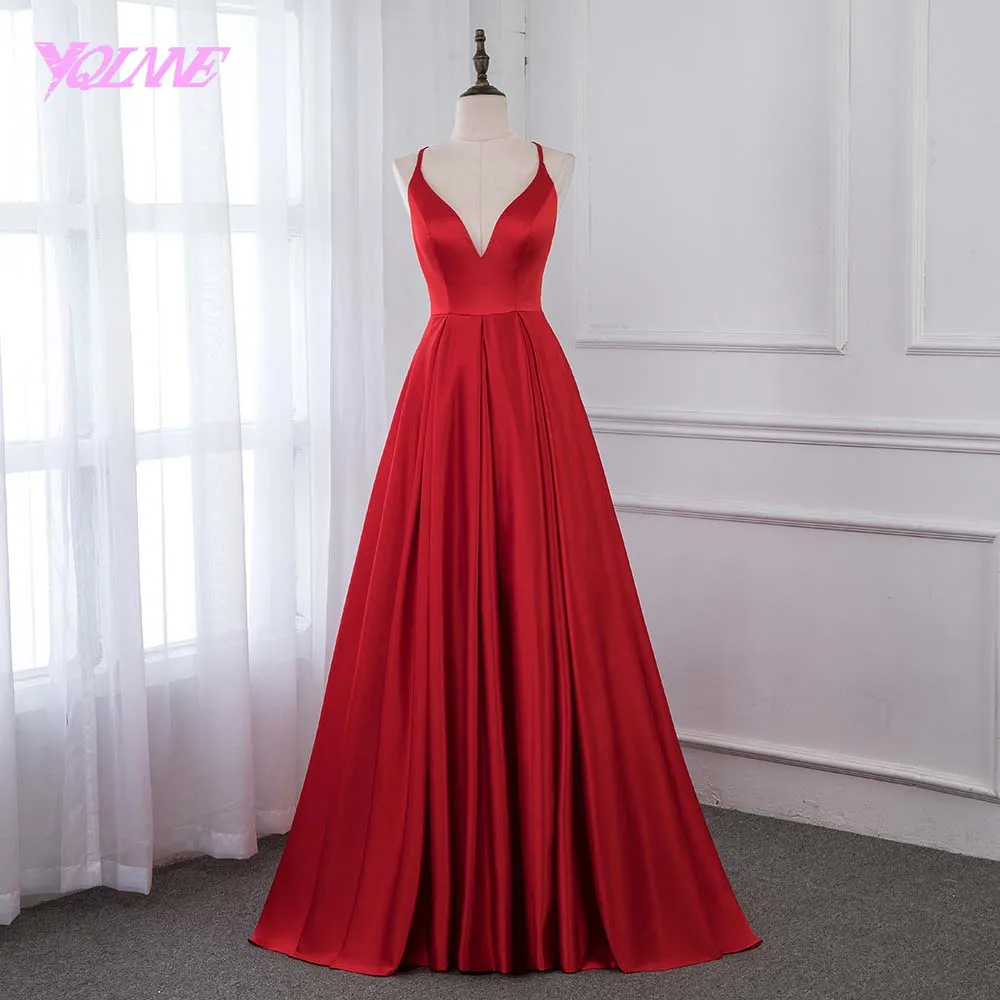 

YQLNNE 2019 Red Satin Long Prom Dresses Formal Evening Gown Women Dress Back Cross YQLNNE