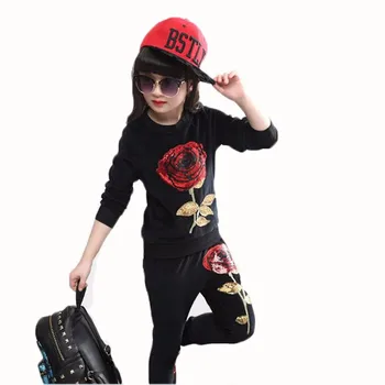 

Girls Clothing Sets 2016 Winter Wool Sportswear Long Sleeve Rose Floral Embroidered Sequinsets Kids Clothing Sets 3 colors k1