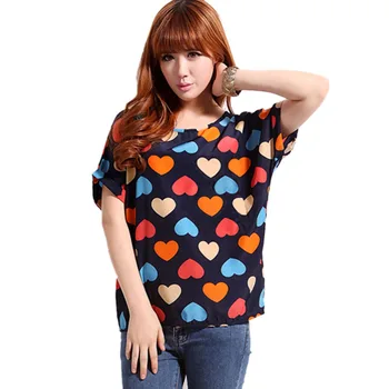 

New Women Chiffon T-Shirts Ladies Loose Short Sleeve Shirts Striped Heart Lip Tops Batwing Sleeve