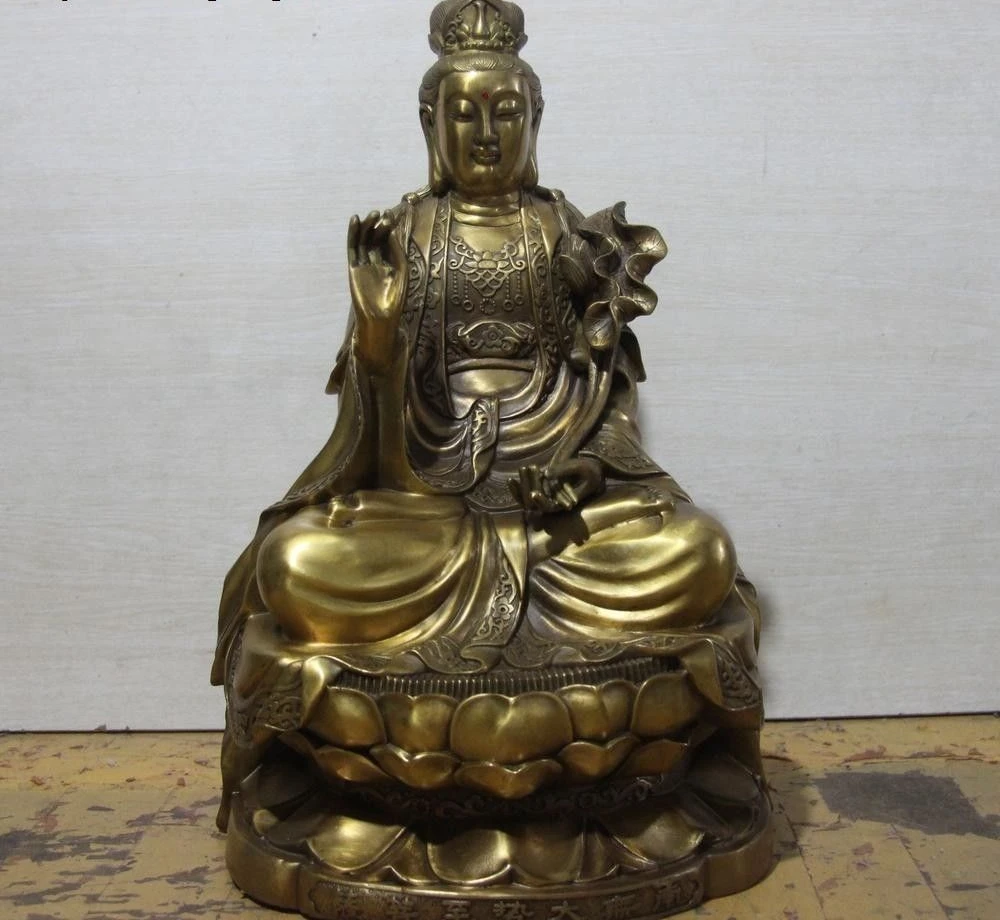 

China Brass Copper Lotus Ruyi Kwan-yin Guanyin Bodhisattva Goddess Buddha Statue