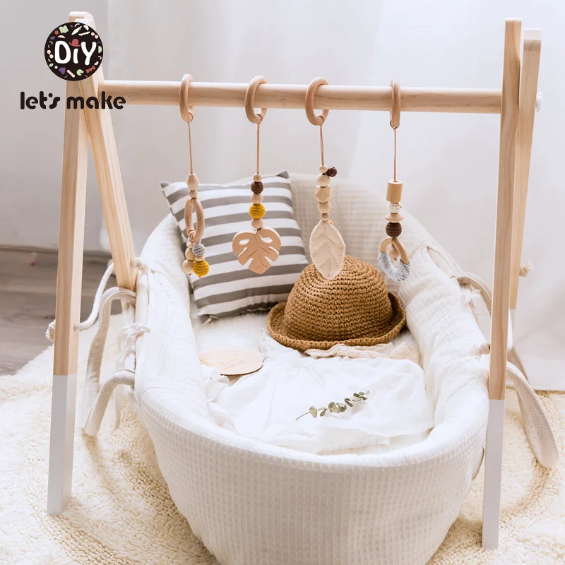 Let s Make Baby Toys 1set 4pcs Play Gym Wooden Beads Beech leaf Pendant Teething Nursing 4