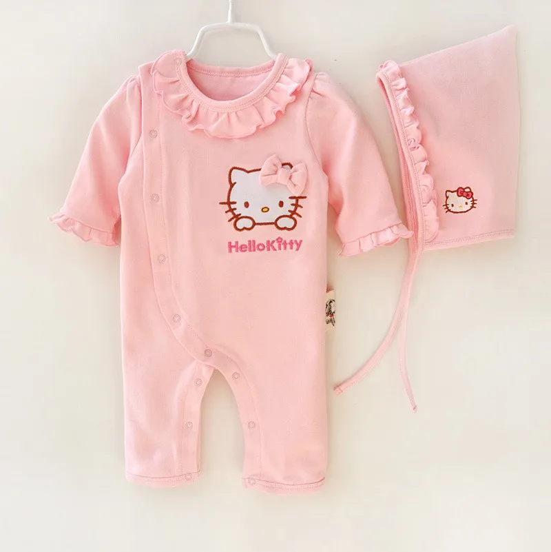 Для маленьких девочек Одежда для новорожденных Bebes рисунок «Hello Kitty» Комплекты одежды для девочек новорожденных подарки Кружево Комбинезоны для малышек+ шляпа хлопковый комплект одежды