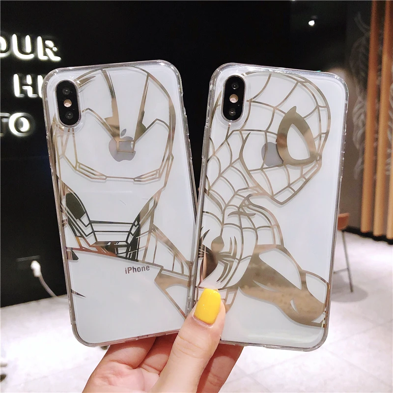 

Iron Man Spiderman Marvel Cover Case For iphone X Xs Max XR 8 7 6 6s Plus Transparent electroplating Soft Silicone Coque Funda