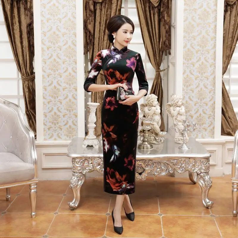 Новое поступление, женское велюровое длинное платье Cheongsam, модное платье в китайском стиле, элегантное платье Qipao Vestido, Размеры S M L XL XXL XXXL 4XL T0043 - Цвет: T0037