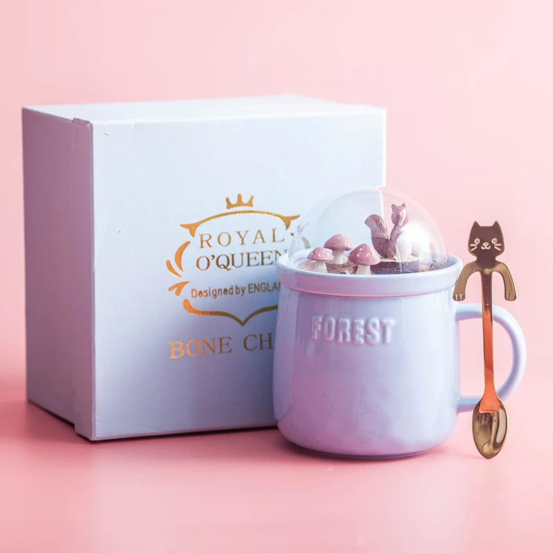 

400ml Creative Forest Micro Landscape Ceramic Coffee Cup with Cover Spoon Cute Student Drinking Milk Tea Mugs Gifts for Girls