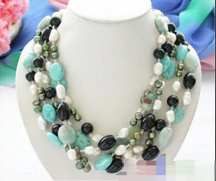 

song voge gem nanJ0547 black agate Turquoise jade freshwater pearl NECKLACE