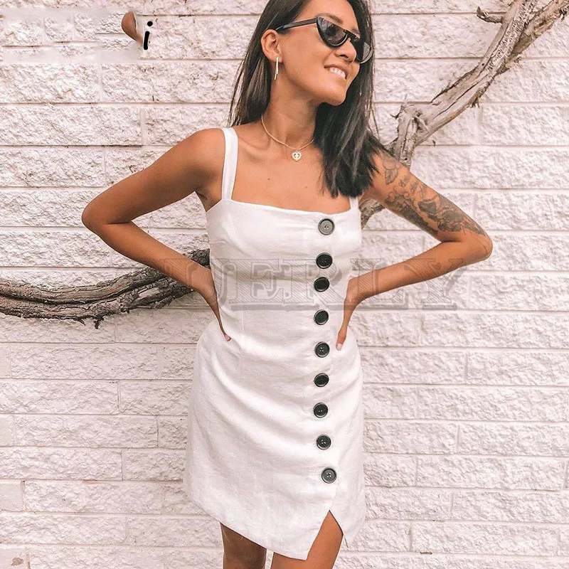 

Cuerly 2019 summer button square neck dress women casual sundress bodycon split dress casual streetwear mini short dress L5