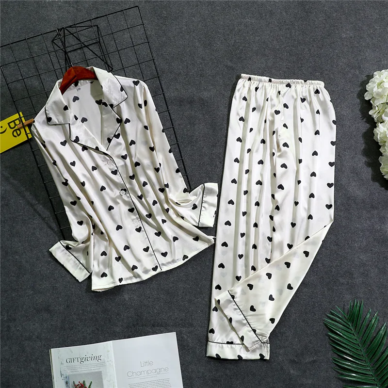 

Women Pajamas Sets with Pants Satin Sleepwear Heart Print Sexy Silk Pijama Long Sleeve Fashion Nightsuits Pyjama