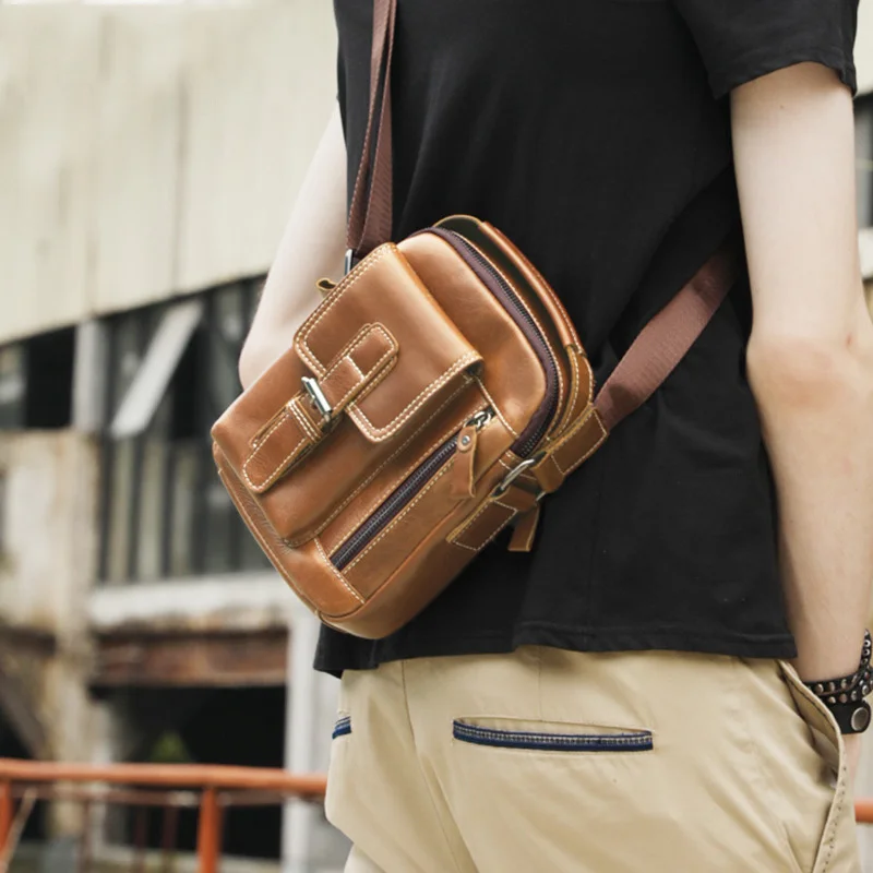 Мужская многофункциональная Ретро сумка-мессенджер из натуральной кожи, высокое качество, большая вместительность, многофункциональная повседневная мужская сумка-мессенджер - Цвет: brown