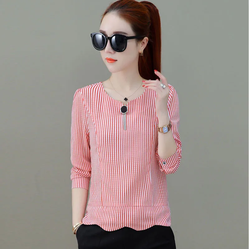 

Women Spring Summer Style Chiffon Blouses Shirts Lady Casual Striped Printed O-Neck Blusas Tops DF2829
