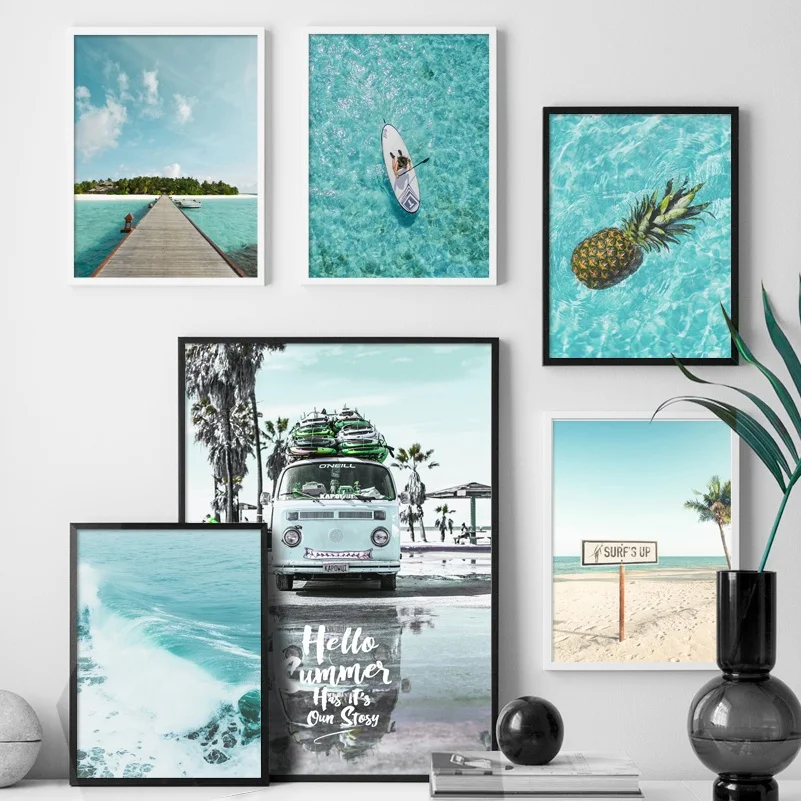 Beach Surf Морской автомобиль кокосовой пальмы Пейзаж Nordic Плакаты И Принты Wall Art Холст