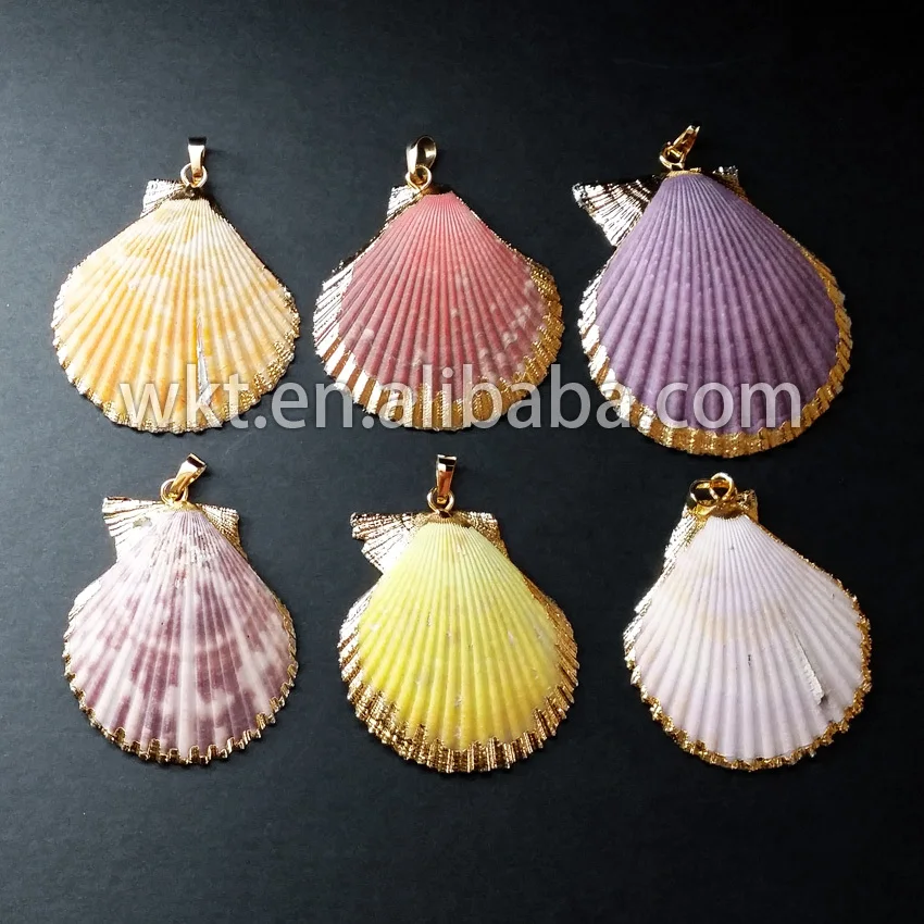 

Sideway gold eletroplated scallop colorful pendants, natural sea shell scallop pendants