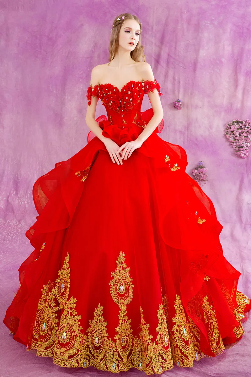 robe de mariage mariee Red Wedding Dress Ball Gown With Golden Lace Appliques Wedding Gowns vestidos de novia