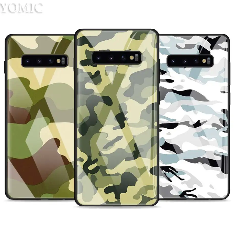 

Tempered Glass Case for Samsung Galaxy S10e S10 S8 S9 Plus Note 9 10 A50 A70 Phone Cover Army camo Camouflage Luxury Glass Case