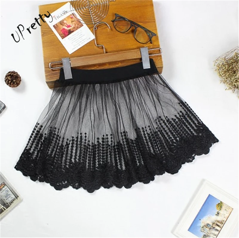 

Women Sexy Lace Mesh Floral Embroidery Mini Skirt Spring Summer Casual Club High Waist Elastic A-Line Tulle Black Short Skirt