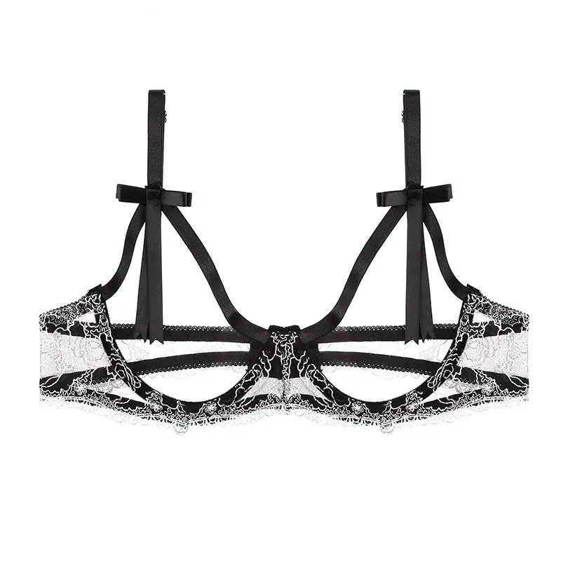 Women's Sexy Bra Set Embroidery Lace Exposed Breast Sexy Lingerie Strap Cupless Bralette With Open Crotch Panties Underwear Set