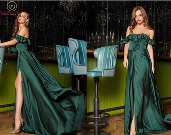 

Sweetheart Evening Dress High Slit Sexy A-line Off Shoulder Ruffles Top Sweep Train Backless Dark Green Satin Stunning Prom Gown