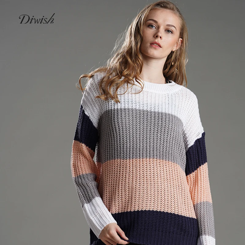 

Diwish Sweater Women Plus Size Loose Sweaters Striped Pullovers Sweaters Long Sleeve Knitwear 3 Colors Autumn Fashion Tops 2019