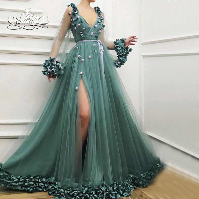 QSYYE 2019 новые винтажные Длинные Выпускные платья Robe de Soiree сексуальные v-образный вырез с длинными рукавами 3D цветы с высоким разрезом