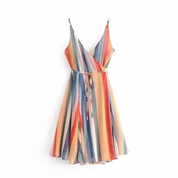 

2019 Summer Women Spaghetti Strap Striped Mini Dress Female Backless Bow Sashes Slim Dresses Lady Draped Thin Beach Vestidos Y48