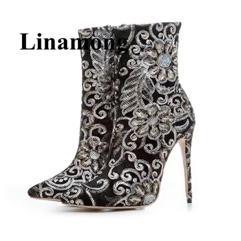 

Newest Autumn And Winter Embroider Refinement Ladies Shoes Fashion Pointed Toe Thin High Heel Sied Zipper Women Ankle Boots