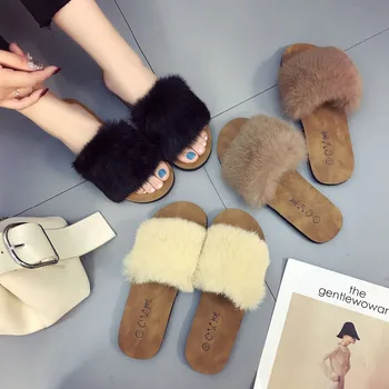 

flat slippers fur slides shoes woman fluffy women slipers dames furry fuzzy ladies plush schoenen brand design flip flops