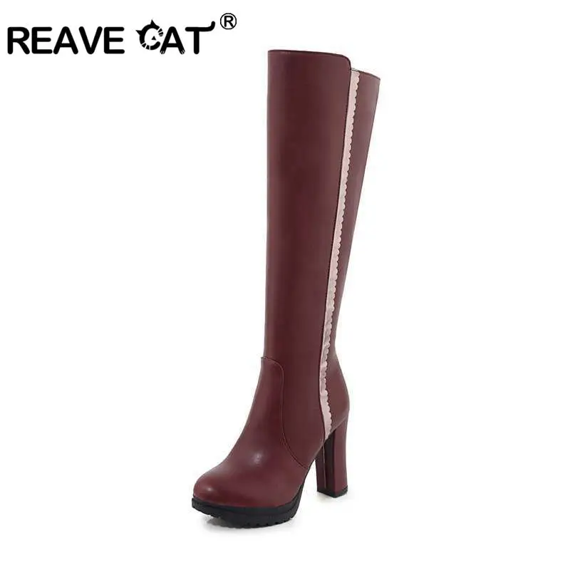 REAVE CAT/женские сапоги до колена на блочном каблуке наивысшего качества; сапоги для верховой езды на высоком каблуке; женские ботинки на молнии; цвет черный, винный, красный; botines mujer; Размер 8