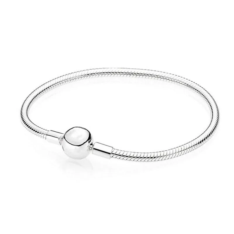 

Real 925 Sterling Silver Bead Charm Snake Chain Fit Original Pans Moments Smooth Clasp Bracelet For Women DIY Jewelry Gift