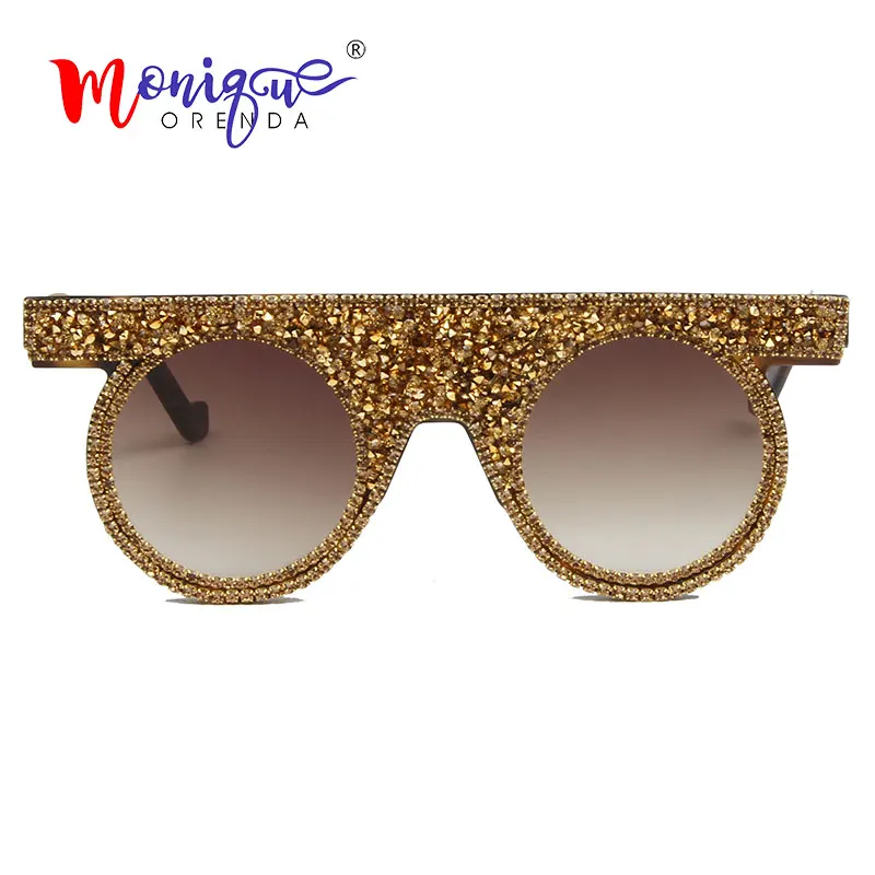 Солнцезащитные очки со стразами женские роскошные брендовые винтажные круглые мужские солнцезащитные очки в стиле стимпанк Оттенки для женщин oculos - Цвет линз: gold