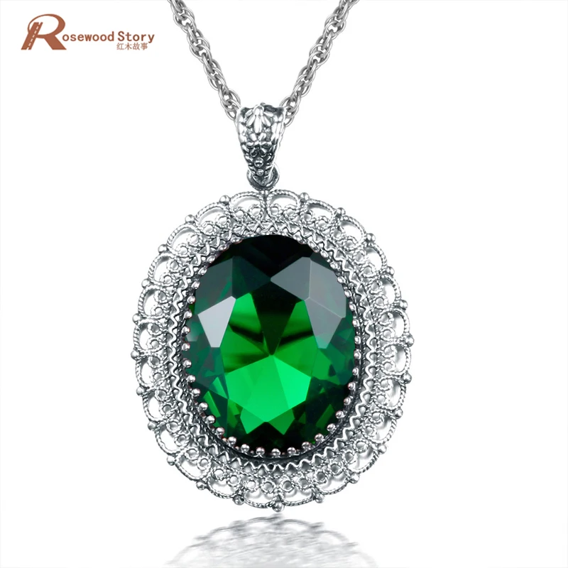 

925 Sterling Silver Pendants Women Romantic Created Emerald Ruby Sapphire Stone Necklace Pendant Handmade Vintage Evening Party