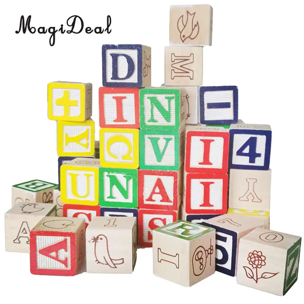 50Pcs Wooden Cartoon ABC Alphabet Numbers Math Learn Cube Blocks Stack Toddler Color Shape Cognition Educational Toy
