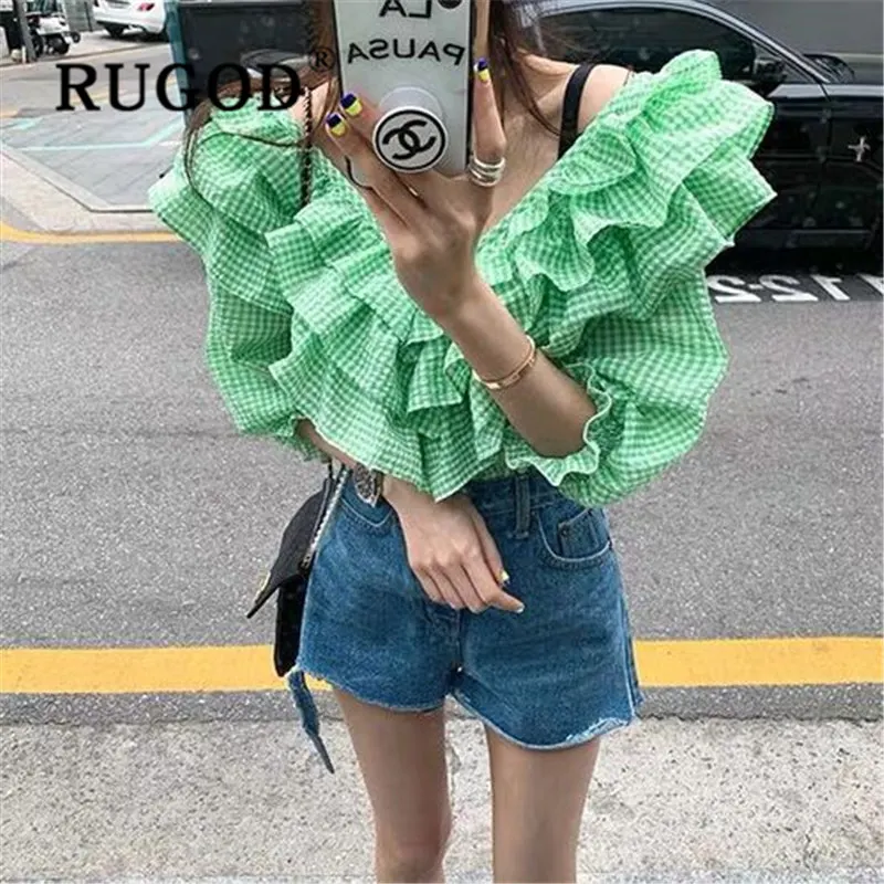 

RUGOD 2019 new fashion Ruffle womens tops and blouses V neck waist slim loose casual roupas feminina