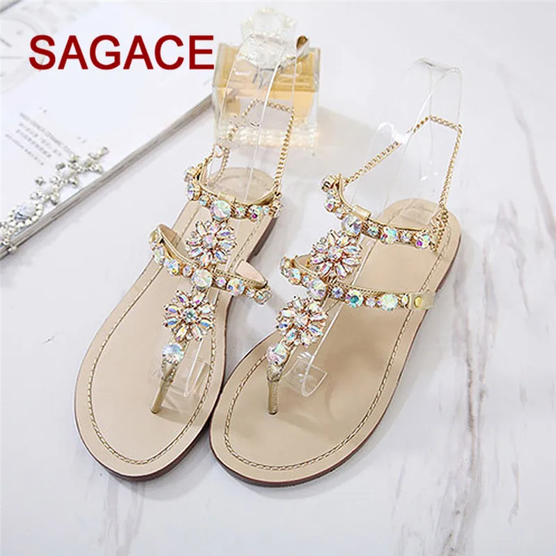

Womens Summer Flat Shining Rhinestones Chain Sandals T-strap Comfortable Shoes Sandales Femme Nouveau Zapatos p#dopship