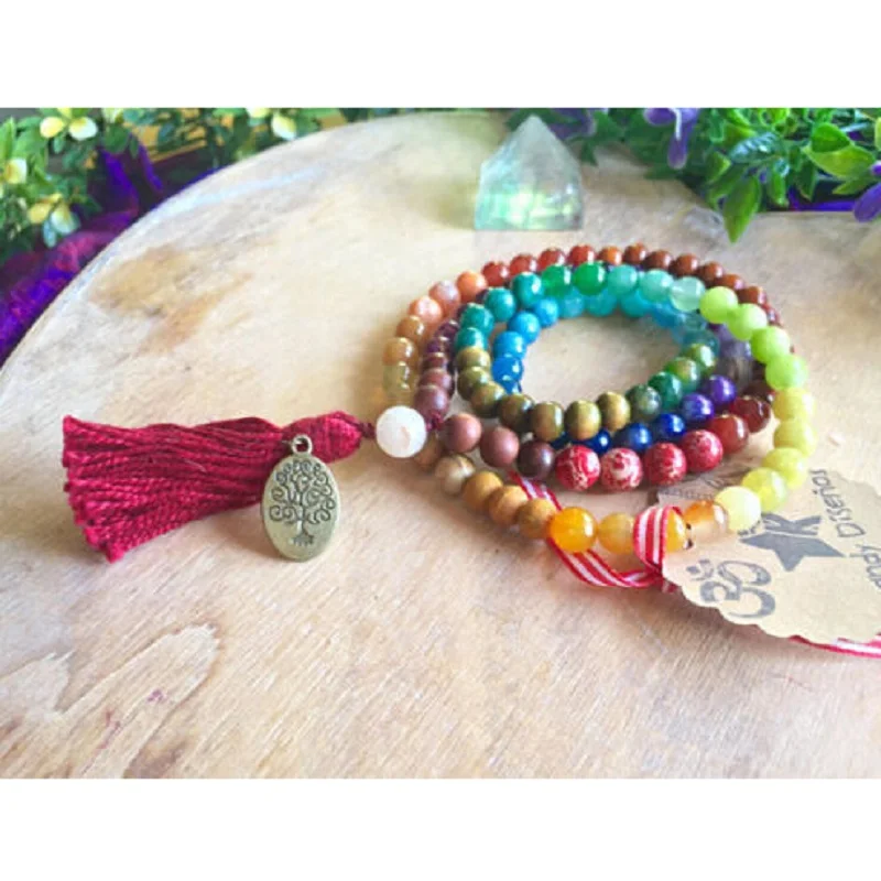 Baratos 8mm Natural colorido Chakra energía piedra hecha a mano 108 Mala pulsera con Árbol de la vida colgante Yoga borla collar Dropshipping