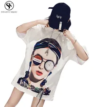 Летняя Новинка, корейский персонаж, бандаж с принтом, индивидуальная длинная футболка, Женская свободная, плюс размер, топы, модная футболка, женская, LGP256