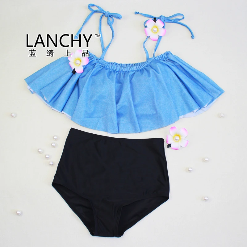 

2017 new sexy blue black 2pcs high waist retro girls bikini cheap swimwear swimsuit size M L XL free shipping high quality